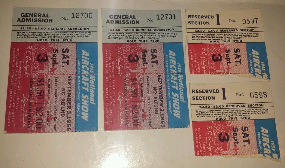 1955 National Air Show Philadelphia Full Ticket & Stub LOT OF 4 WITH 2 COMPLETE