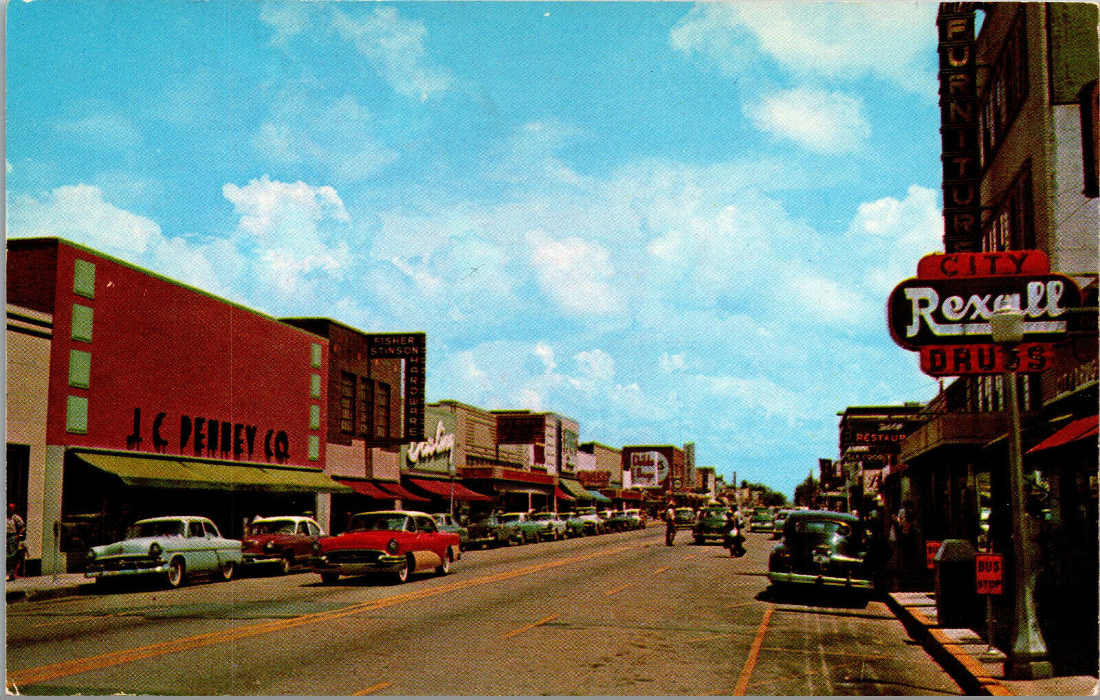 Vtg 1950s Street View Panama City FL Rexall Drugs JC Penney Old Cars Postcard