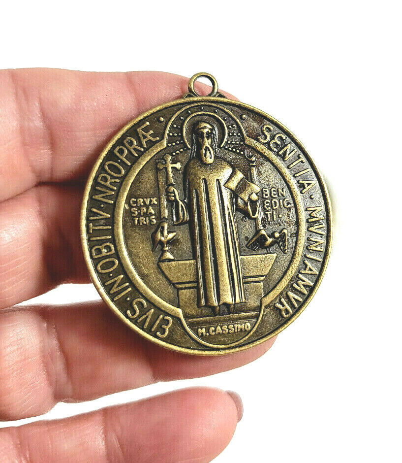 Extra Large Saint Benedict Medal Pendant Antique Bronze Finish 1.75 Inch