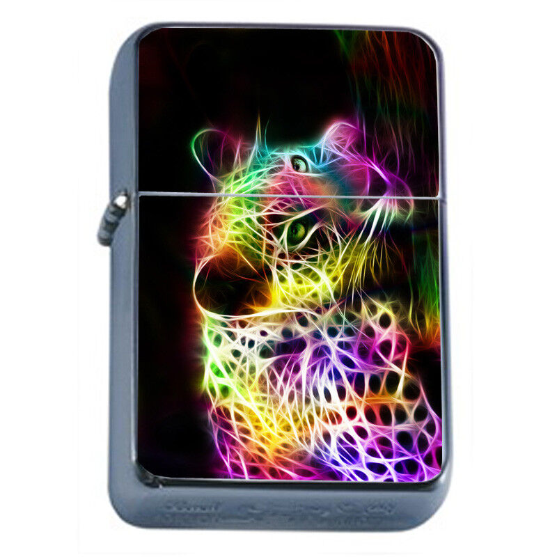 Neon Rainbow Cheetah Em1 Flip Top Oil Lighter Wind Resistant