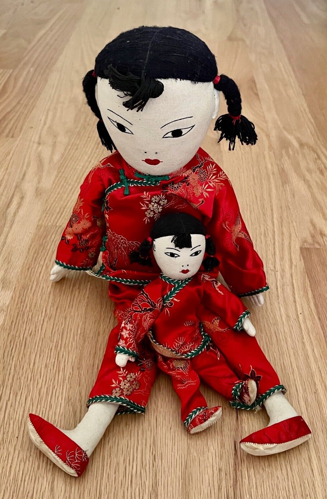 Ada Lum Asian Dolls, Mom and Child with Sling, Embroided, Stitched Cloth Dolls