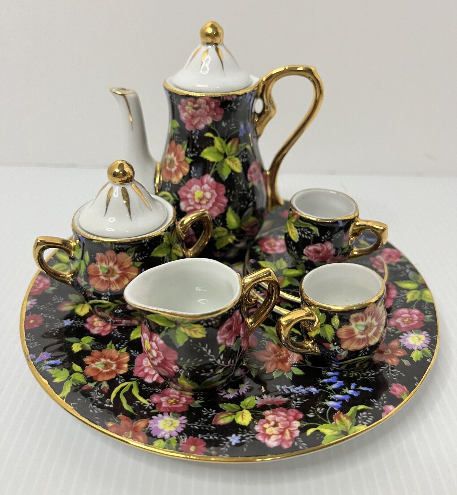 Miniature 10-Pc Floral Ceramic Tea Set w/Large Plate - Not for food/drink use