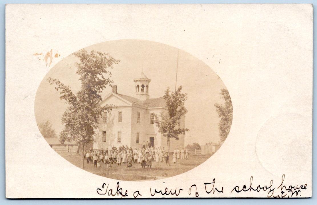 1905 RPPC SCHOOLHOUSE STUDENTS ON LAWN HURON OHIO POSTMARK POSTCARD
