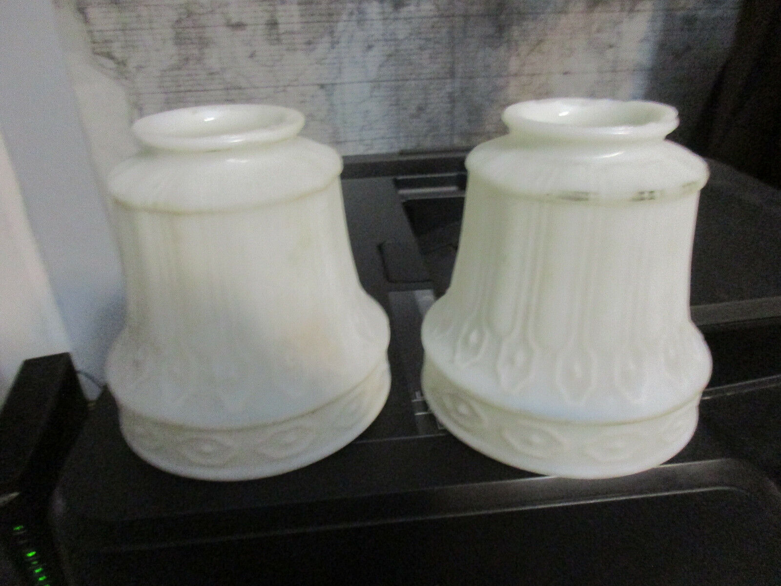 2 VINTAGE SATIN FROST FLUTED BAROQUE PATTERN ELECTRIC DINNING FIXTURE SHADES