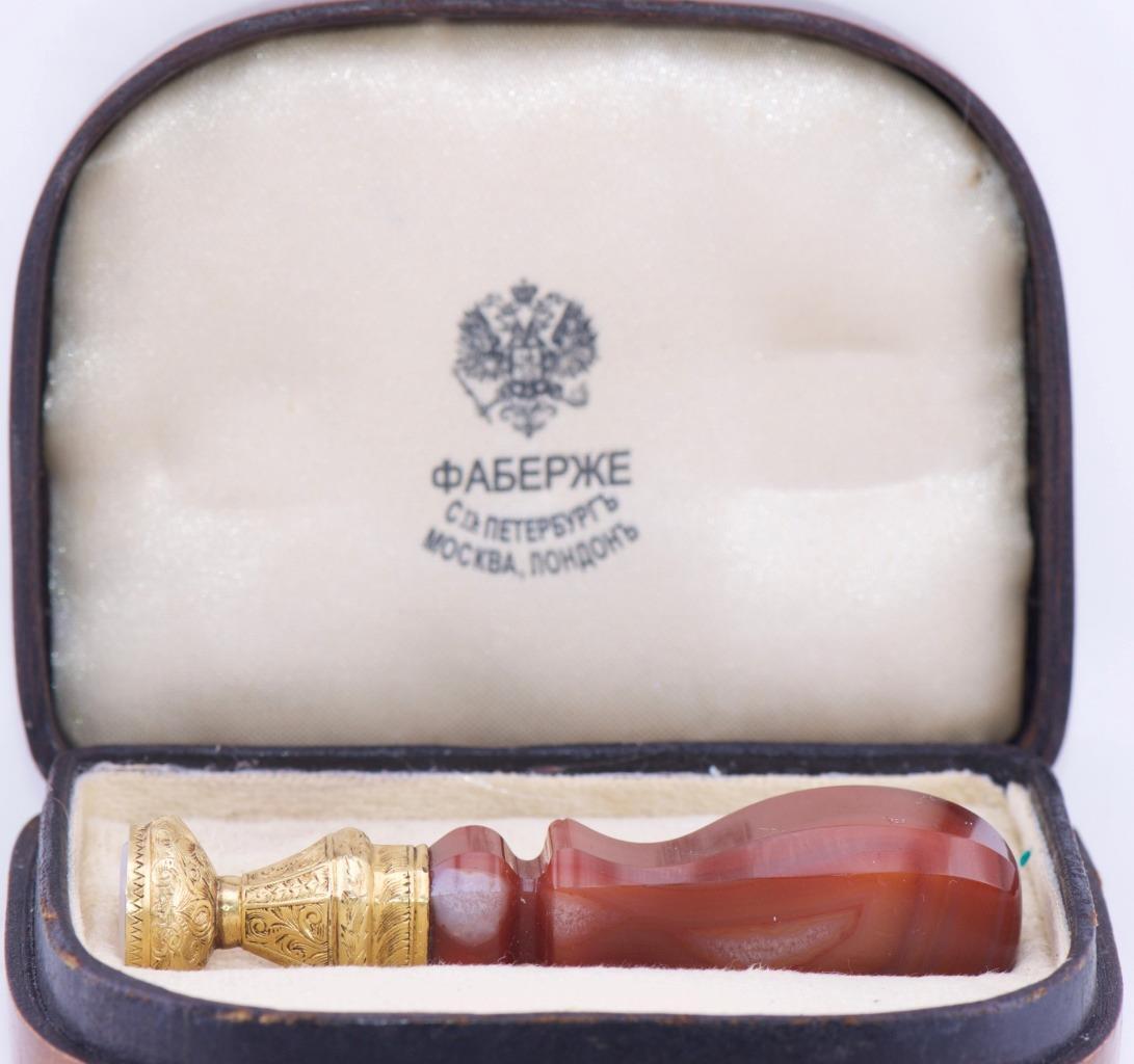 Imperial Era Faberge Hand Carved Agate Ornate Red Wax Seal-Original Box 1890