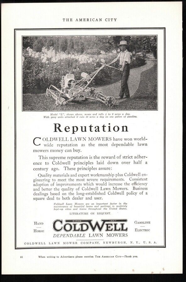 1926 Coldwell Lawn Mowers ad  Model L Newburgh New York  Vintage photo print ad