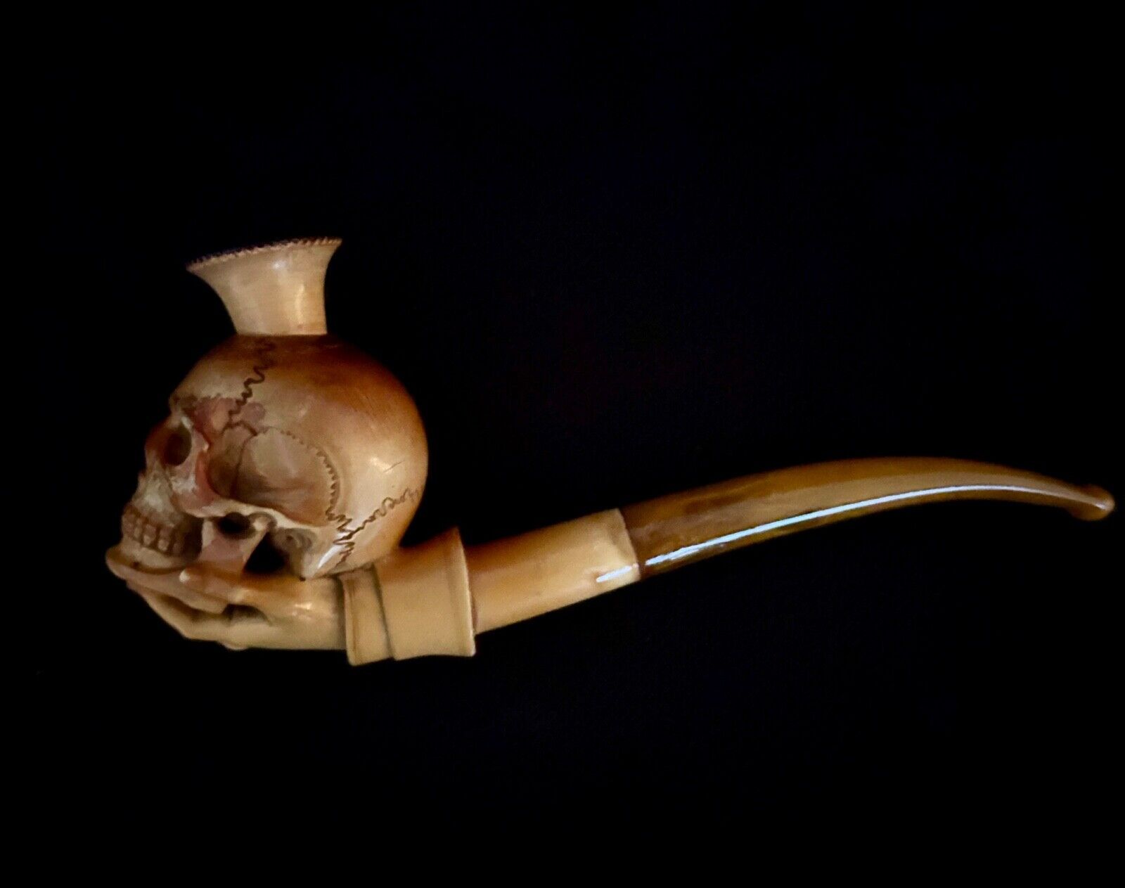 Rare Antique 19c Hand Carved Klein's Budapest Meerschaum Hand w/ Skull Pipe Case