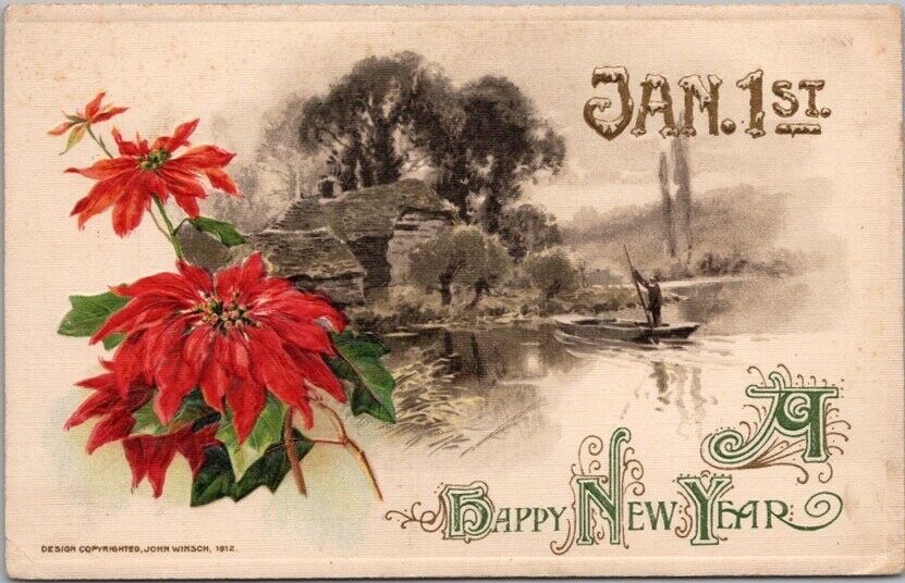 Vintage 1912 Winsch HAPPY NEW YEAR Embossed Postcard Boating Scene \