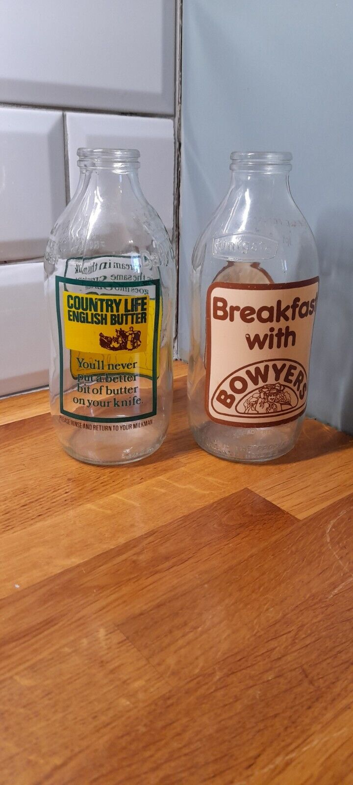 Pair Of VINTAGE 80\'s Milk Bottles 1 Pint Retro Advertising Bowyers Country Life
