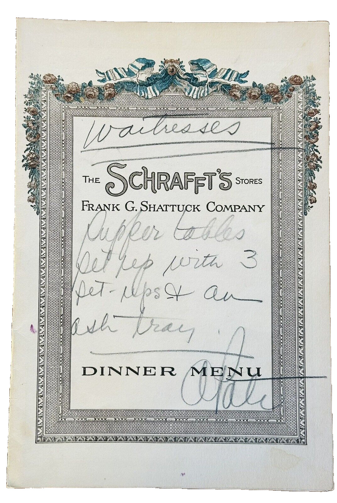 Vintage 1933 Schrafft's Dinner Menu