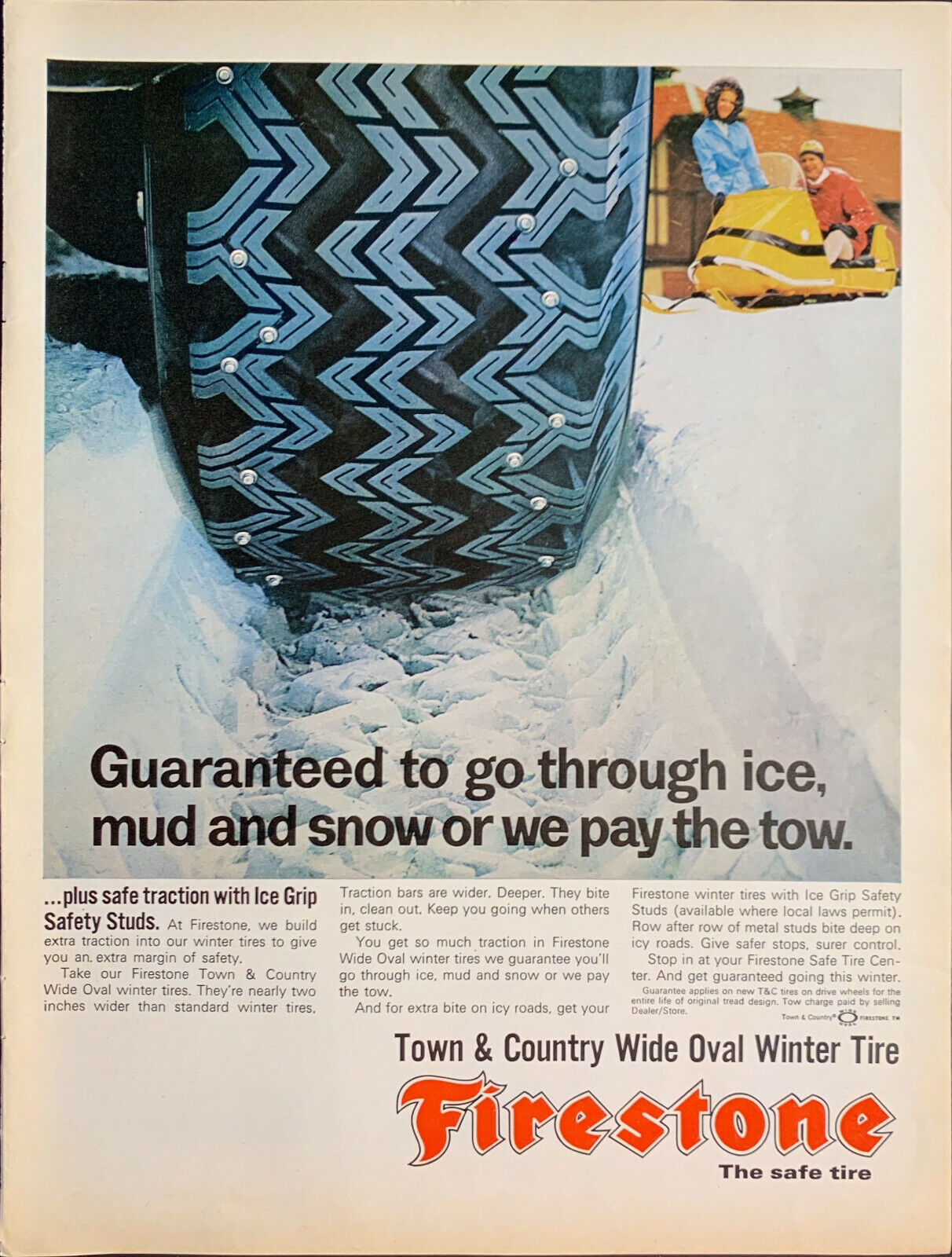 Vintage 1968 Firestone Town & Country Tire With Ice Grip Studs Advertisement