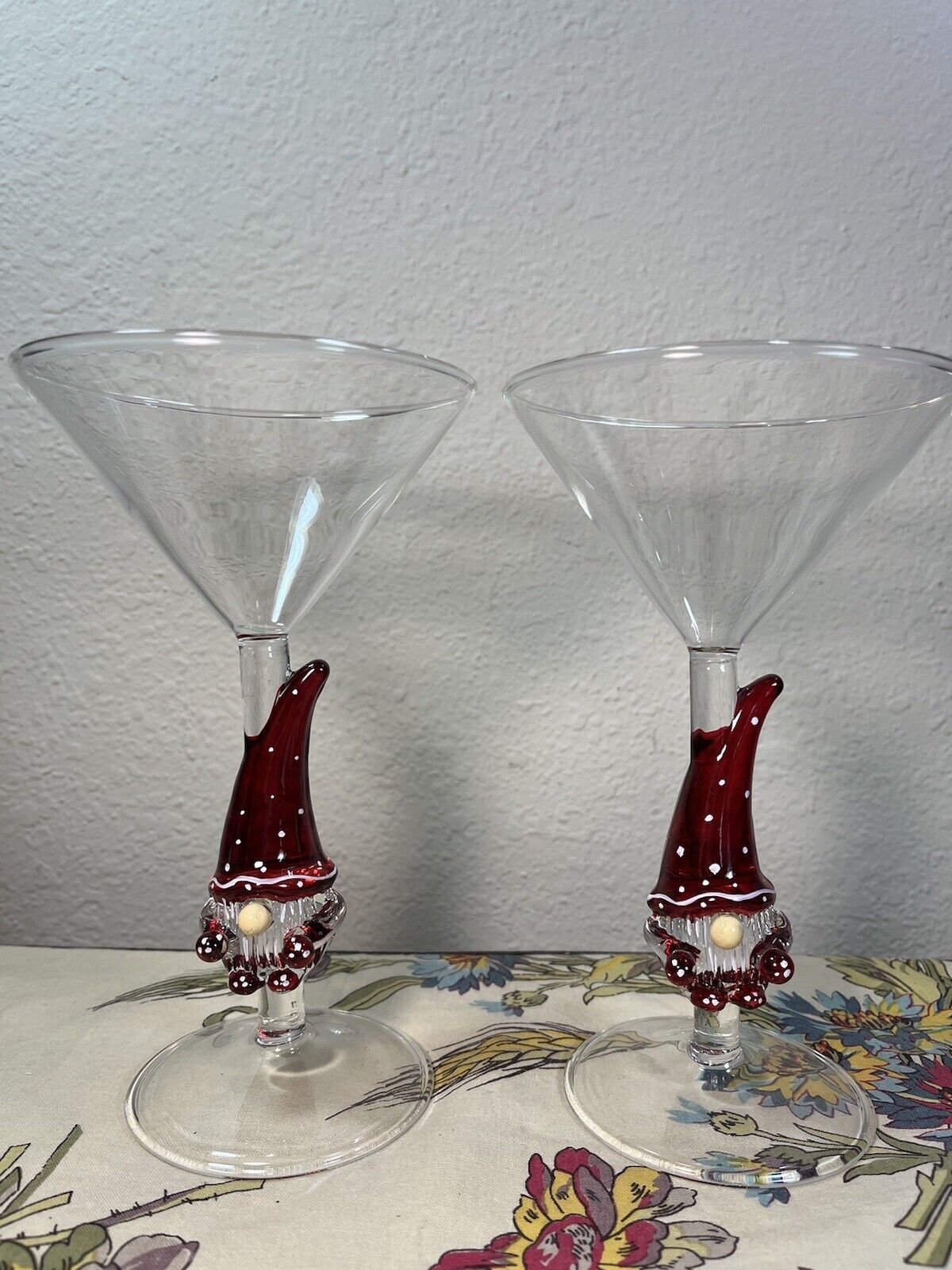 GNOME Martini Glasses HAND BLOWN CLEAR Lot Of 2 Christmas