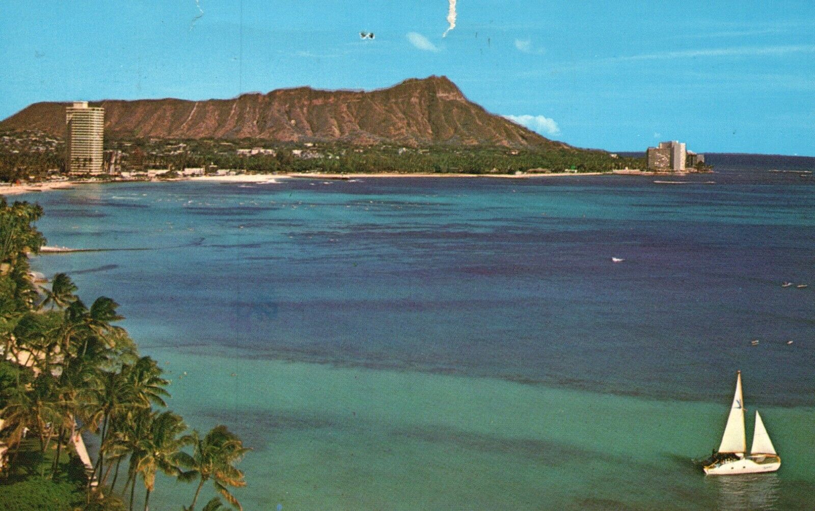 Postcard HI Honolulu Waikiki Beach Diamond Head 1986 Chrome Vintage PC G2554