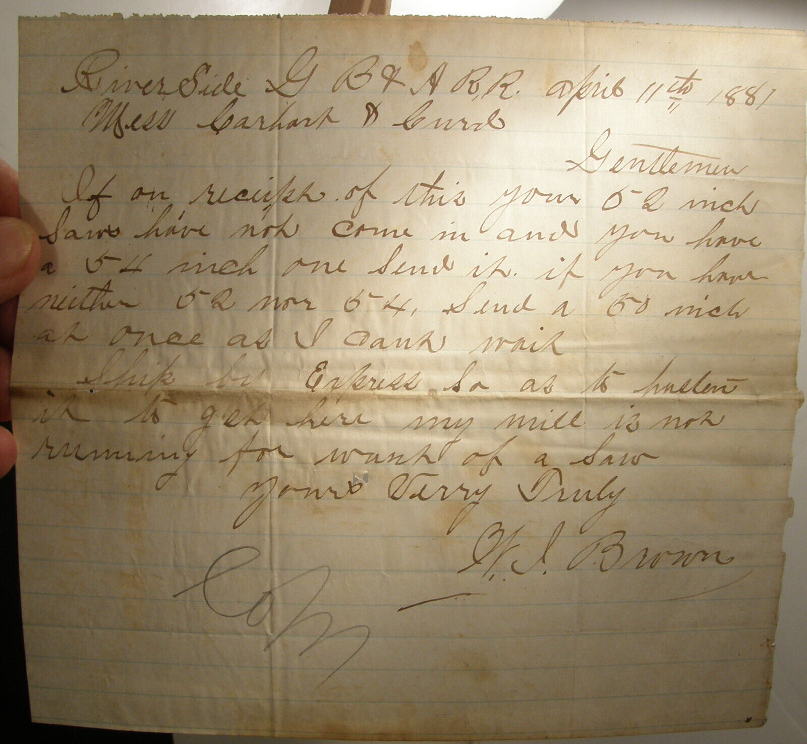ANTIQUE 1881 LETTER RIVERSIDE GEORGIA COLQUITT COUNTY W I BROWN SAW MILL OWNER