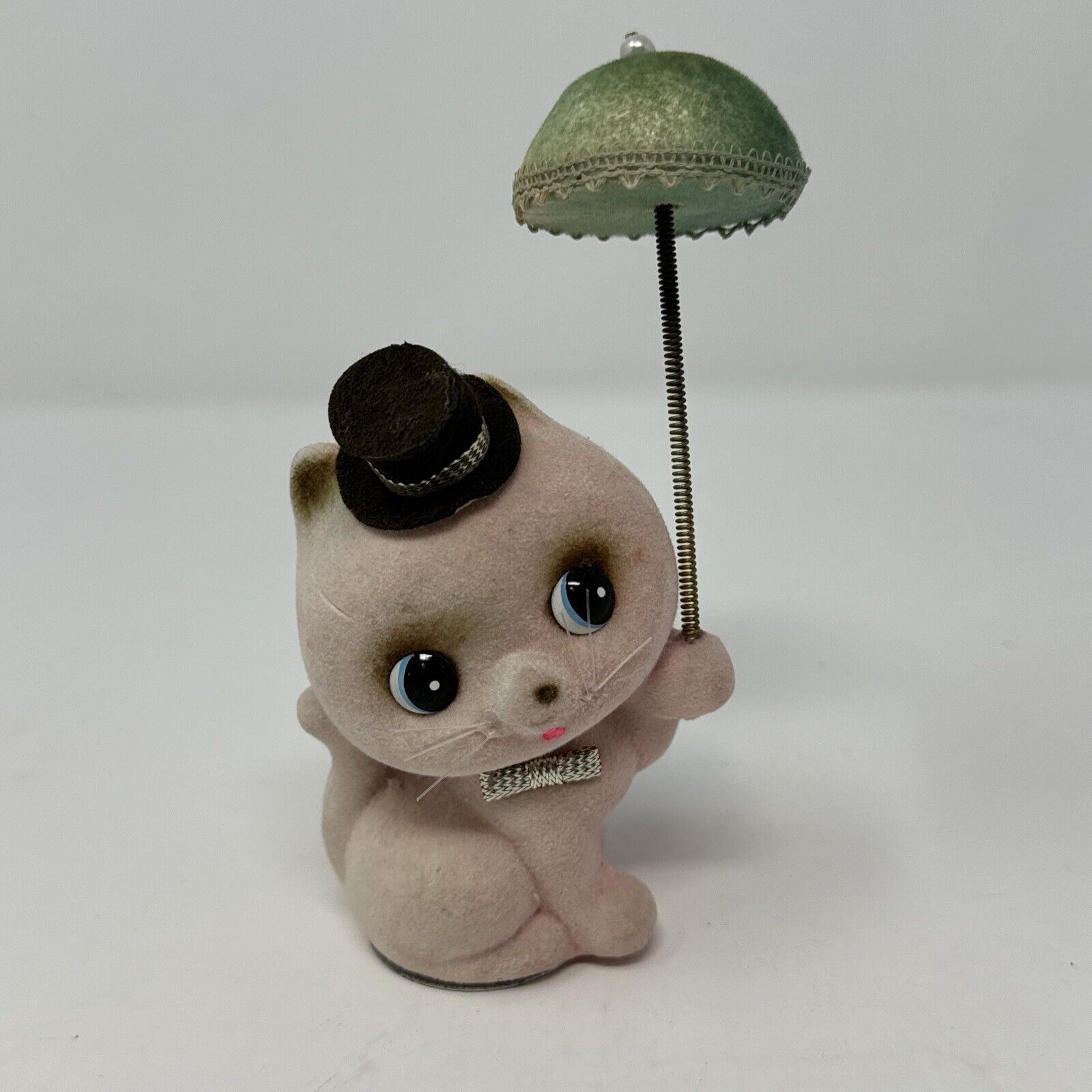 Vintage Flocked Big Eyed Kitty Cat Bobble Head Umbrella Figurine Magnet