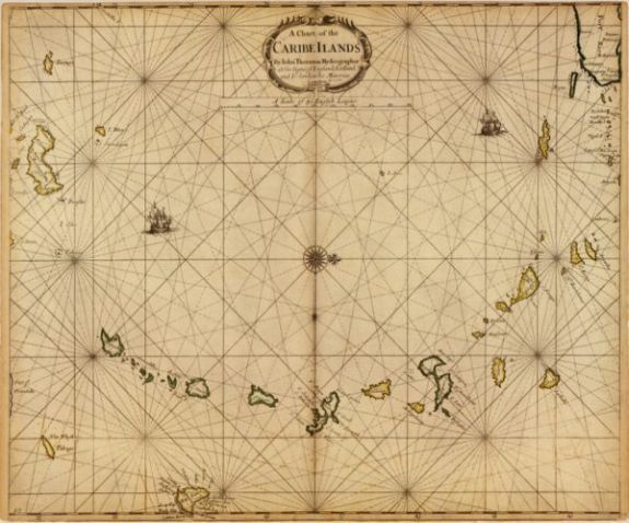 1680 Map| A chart of the Caribe Ilands sic| West Indies Map Size: 20 inches x 24