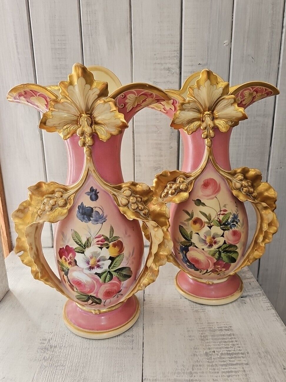 Antique c1850 Paris Porcelain Napoleon III Mantle Vases, Gilded, Hand Painted