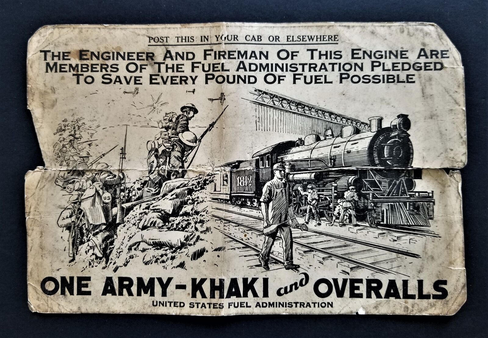 antique US FUEL ADMIN ARMY-KHAKI OVERALLS engineer fireman train engine SIGN