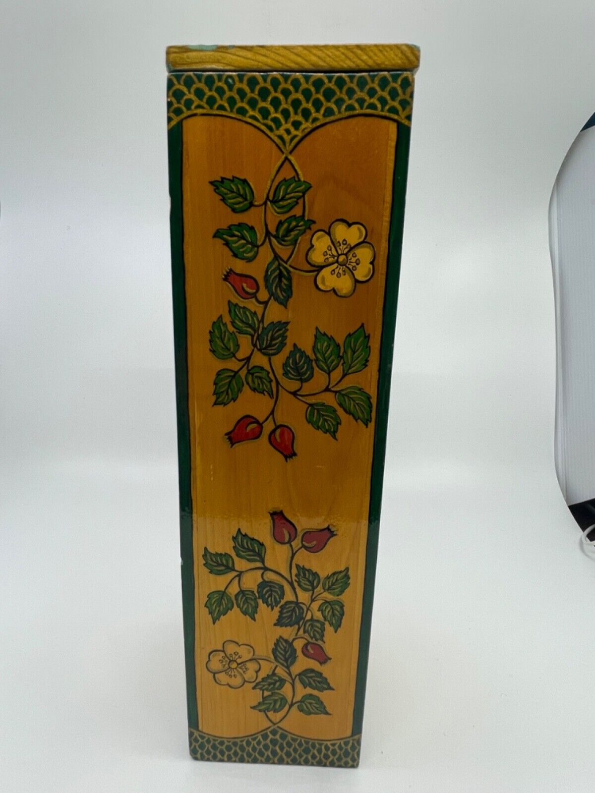 Vintage Wooden Box W/ Lid Handcrafted Folk Art Hand Painted Red Flowers 12” Tall