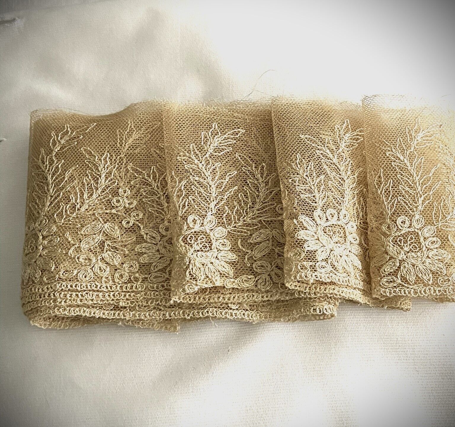 Antique Tambour Net Lace Hand Embroidered Floral Mottif Trim