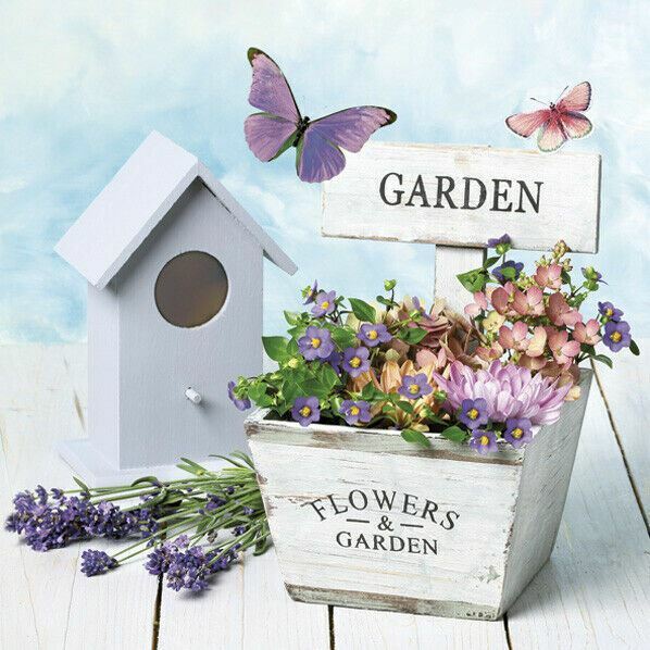 TWO Individual Paper Lunch Decoupage Napkins BIRD HOUSE Flowers LAVENDER New