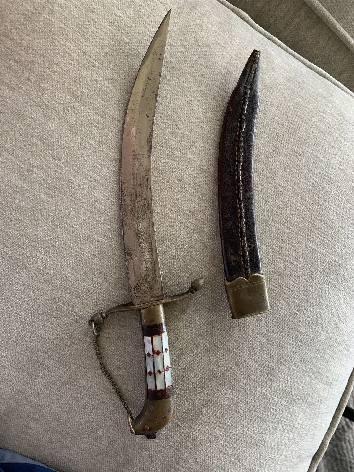 Middle Eastern Khanjar Antique Islamic Curved Dagger Knife Silver Leather Sheath