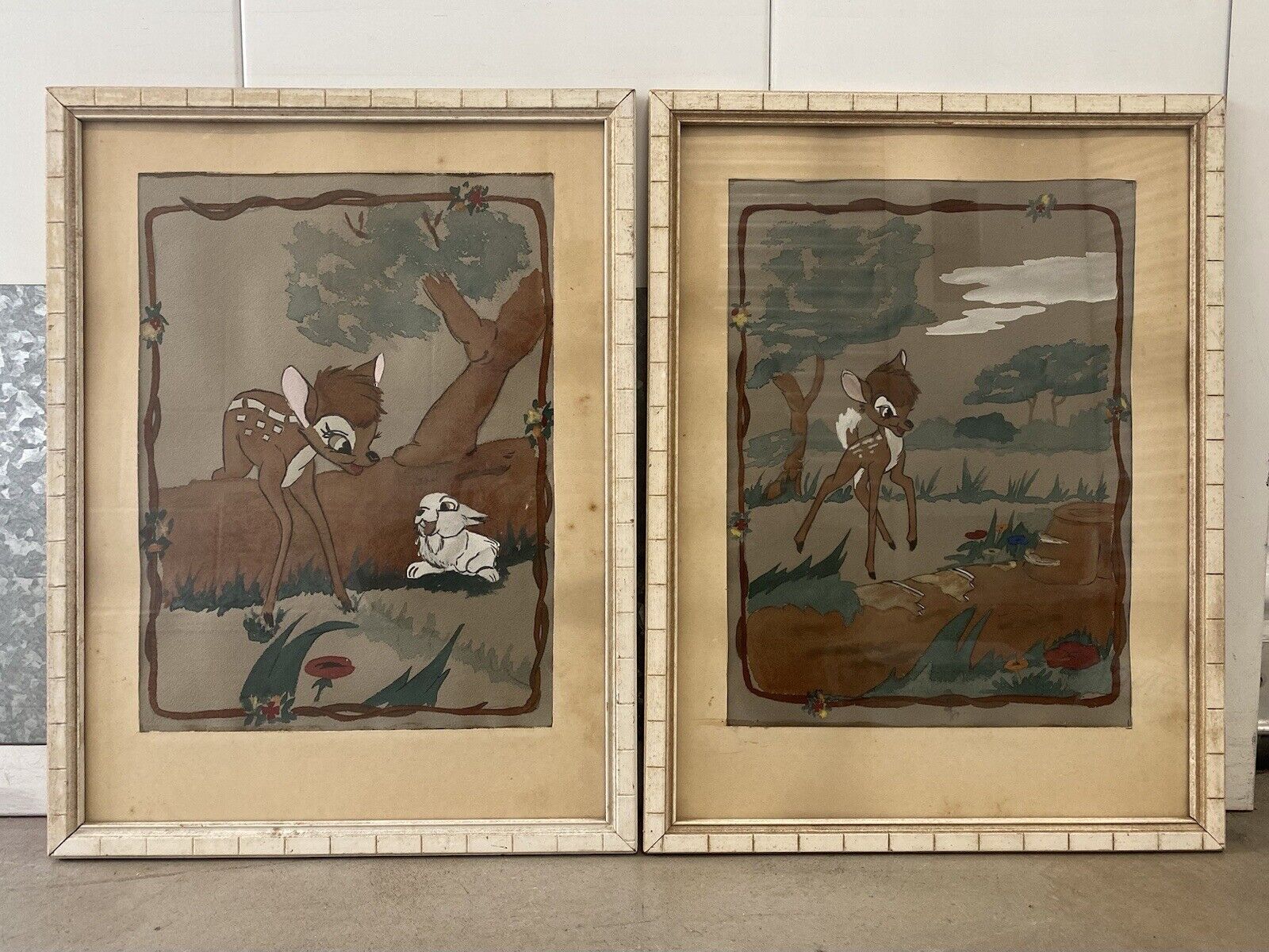 🔥 Fine Antique Old Vintage Disney Art BAMBI Deer Thumper Paintings (2), 1940s