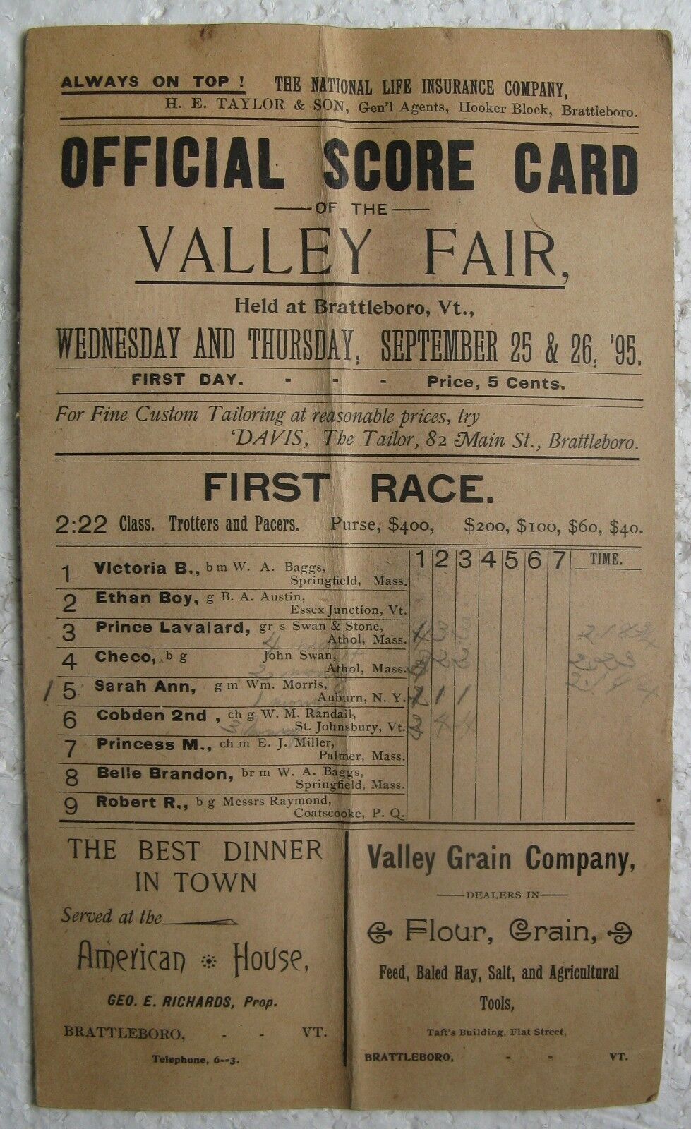 1895 Valley Fair Horse Racing Score Card Brattleboro Vermont - Prince Lavalard