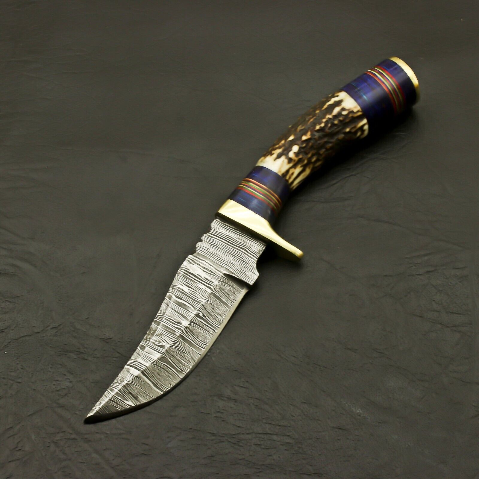 CUSTOM  HAND FORGED DAMASCUS HUNTING/SKINNING KNIFE-STAG HORN /ANTLER KNIFE