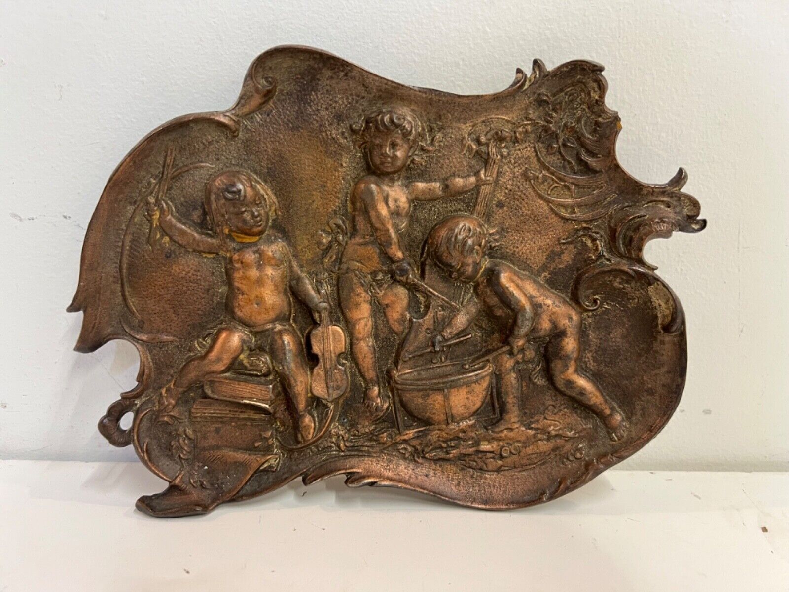 Antique Putto Angel Musicians Rococo Metal Wall Hanging Wall Plaque
