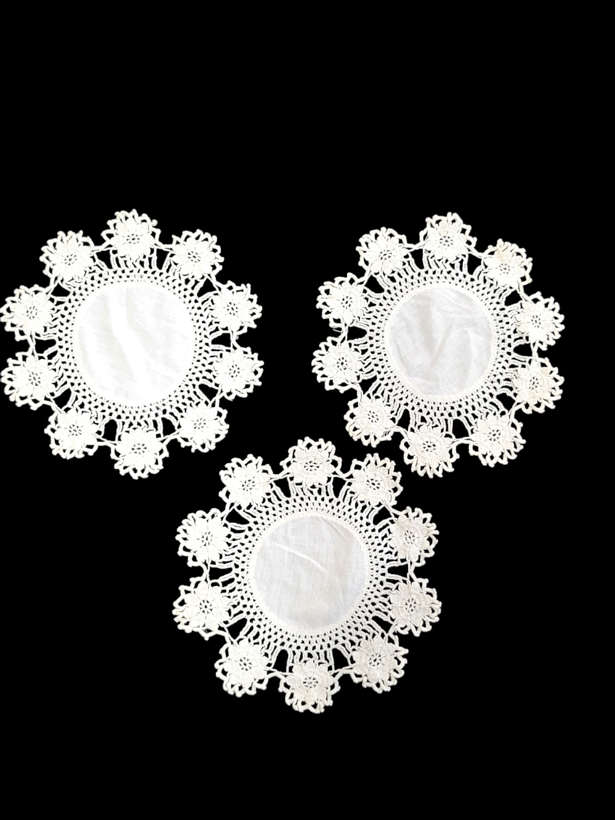 Lot of 3 Vintage White Cotton Doilies Hand Crocheted Floral Lace Trim 9\