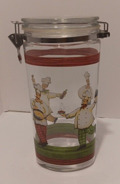 Vintage Glass Chef Oval Storage Jar Canister Italian French Lock Hinged