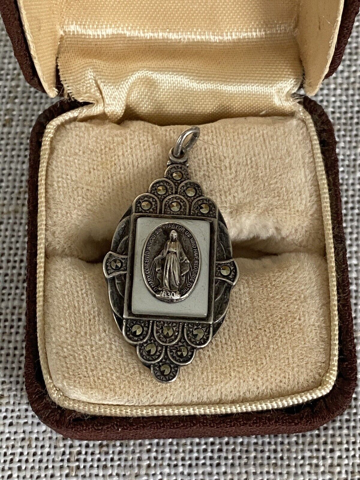 Vintage Sterling Silver CREED Miraculous Medal Mother Of Pearl Marcasite Pendant