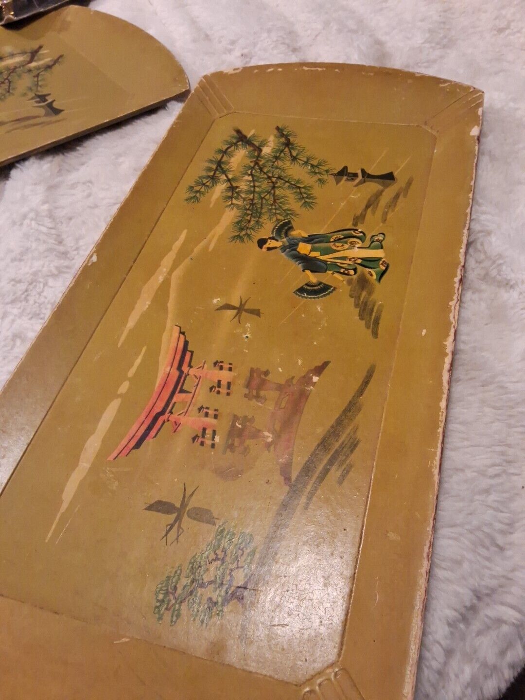 Vintage Asian Hand painted Lacquer Wood Serving Trays