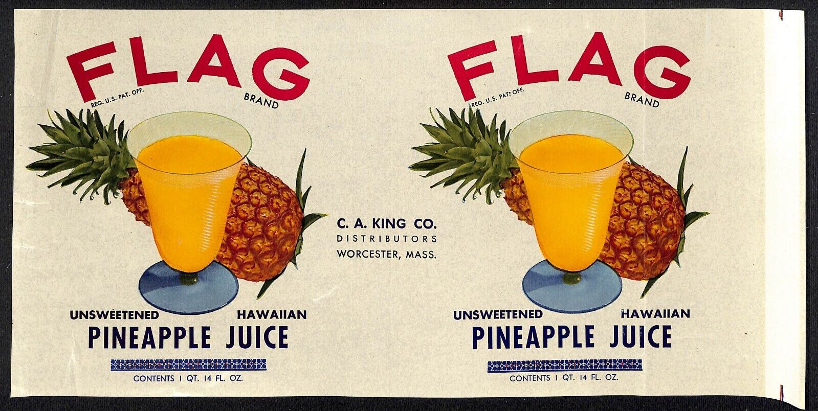 c1949 Paper Can Label Flag Brand Juice C.A. King Worcester, MASS - Scarce