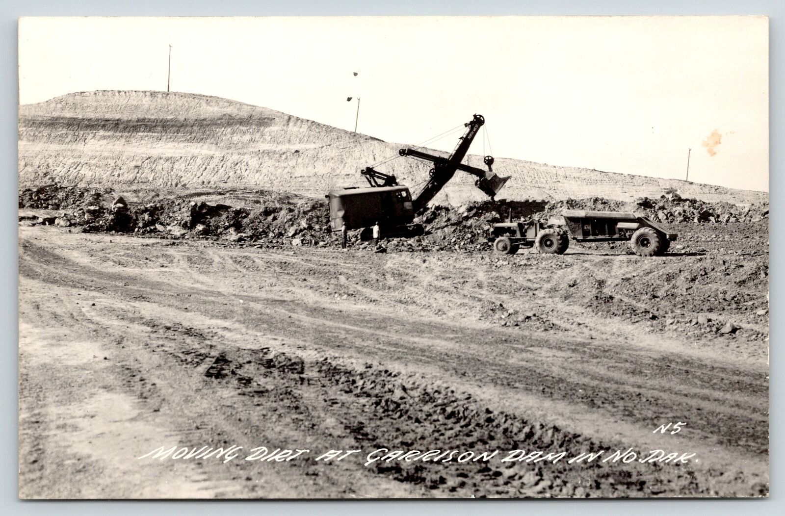 Garrison Dam ND~Giant Shovel Moving Dirt~Tractor & Dump~No Work East~c1948 RPPC