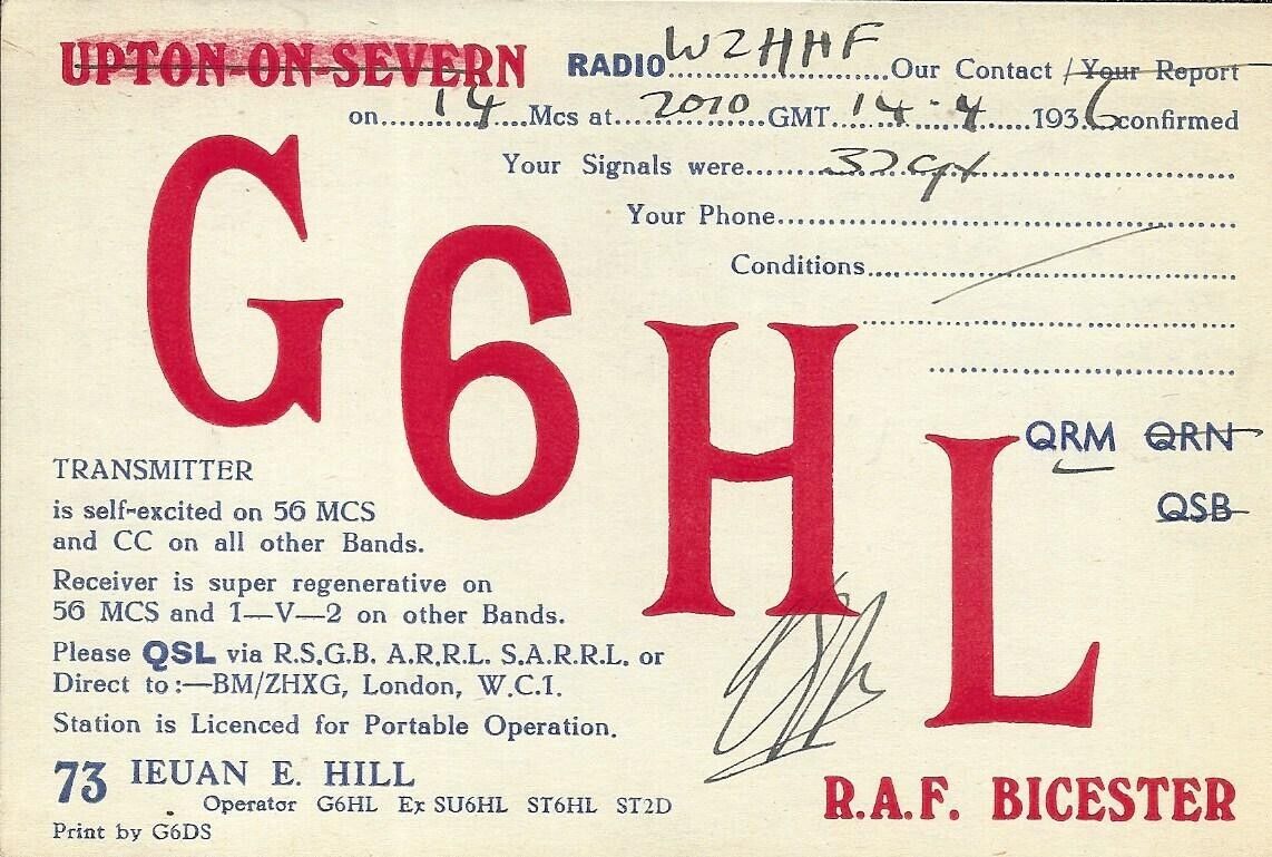 QSL 1936  RAF Bicester England   radio card