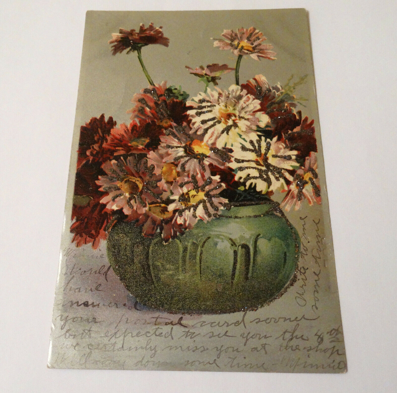 Greeting Postcard c1905 Flowers Glitter Silver Color Background