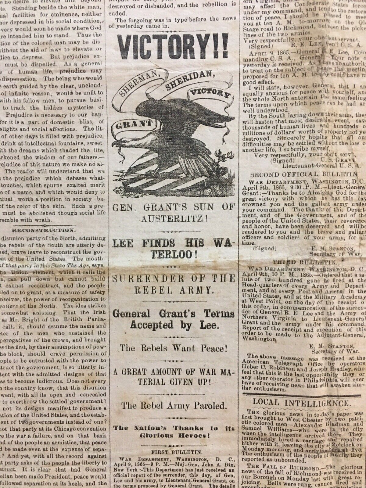 Lee Surrender Appomattox Court House 1865 West Chester PA  County  Newspaper