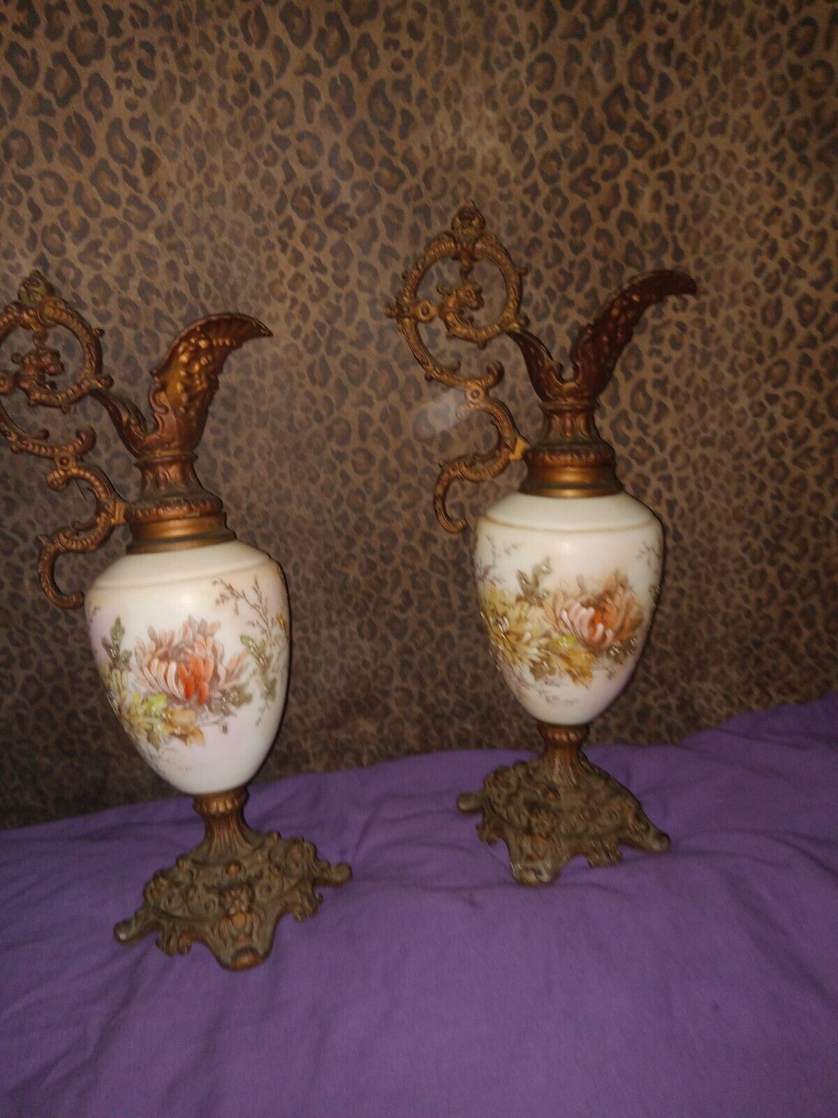 Pr. victoria Antique Matched Pair Wavecrest Mantle Ewer Floral Vases\
