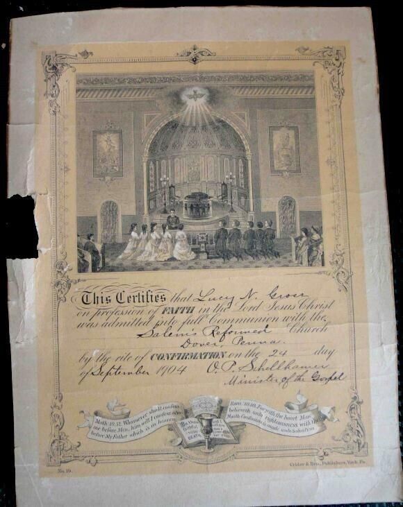 1904 antique LUCY GROSS CONFIRMATION CERT dover pa
