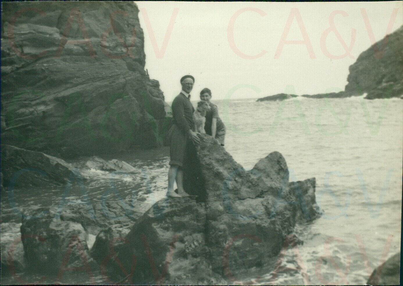 1954 Cornwall Tintagel on Rocks tide in Father son Original 3.4x2.4\