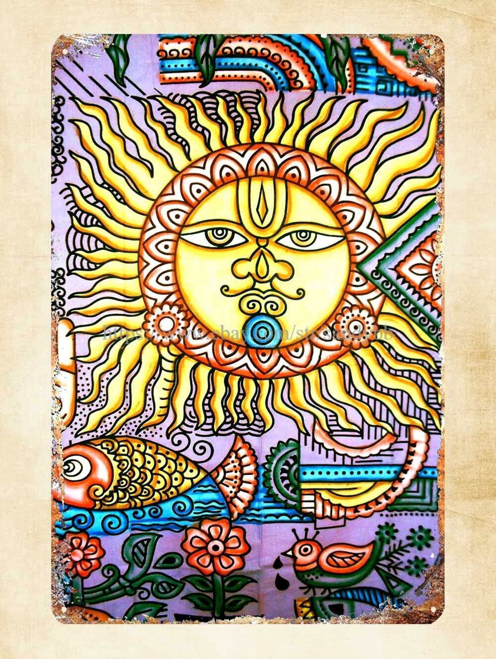 trippy psychedelic sun face metal tin sign house wall decor