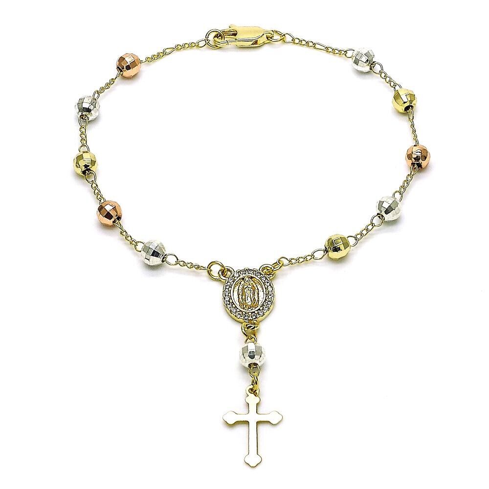 BEAUTIFUL TRICOLOR  18K GOLD OVER SILVER  ROSARY BRACELET