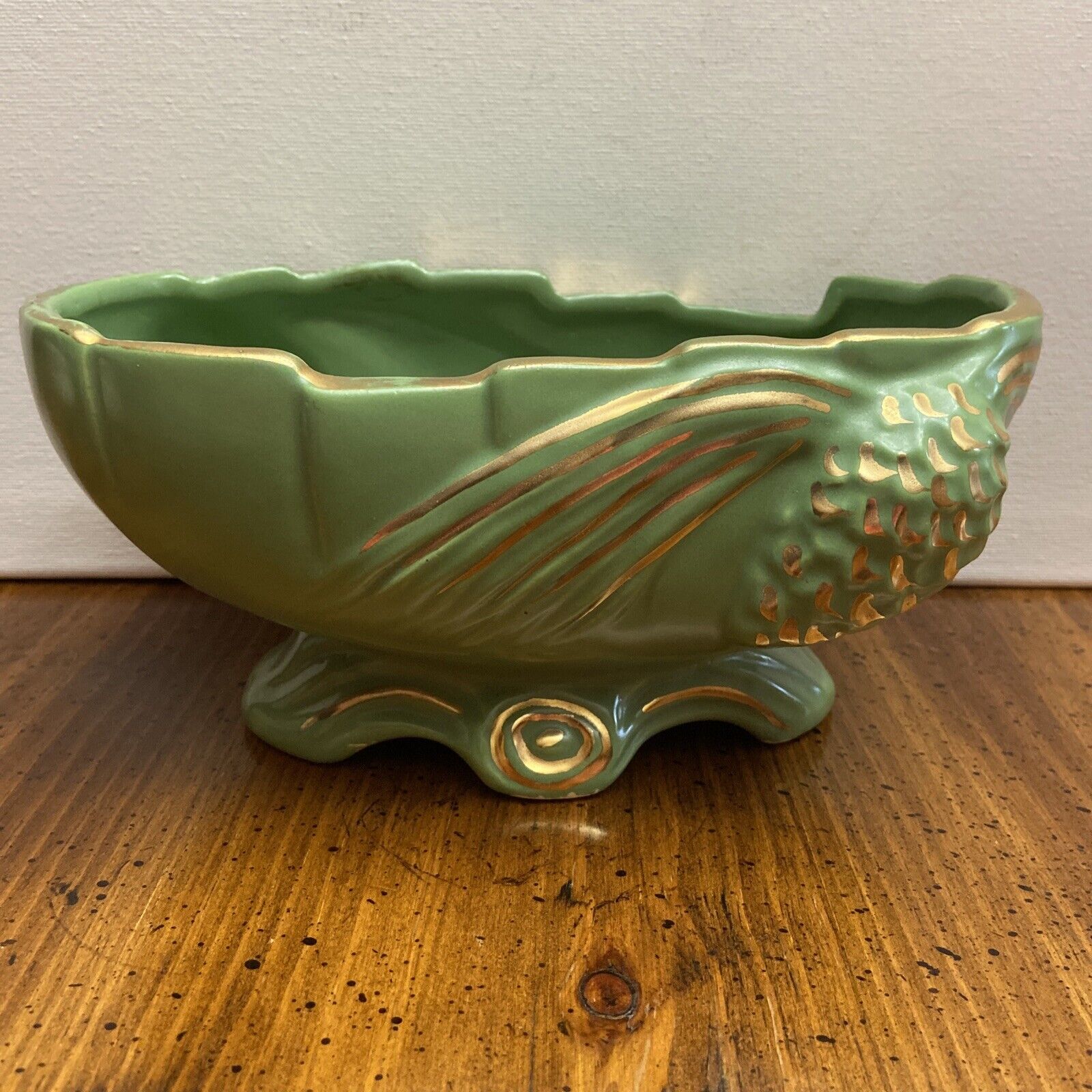 Vintage Shafer Planter Bowl Pedestal MCM Pinecone Decor Gilding Green