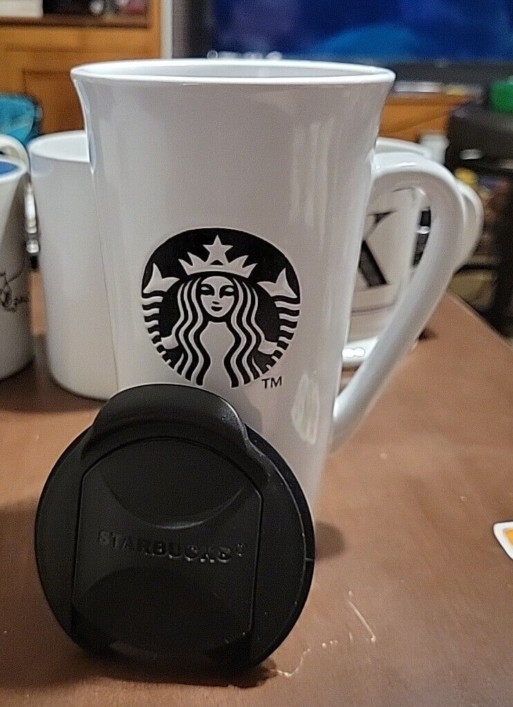 Starbucks 2013 Tall Coffee Mug with Black Lid White Ceramic Mermaid Logo 16 Oz