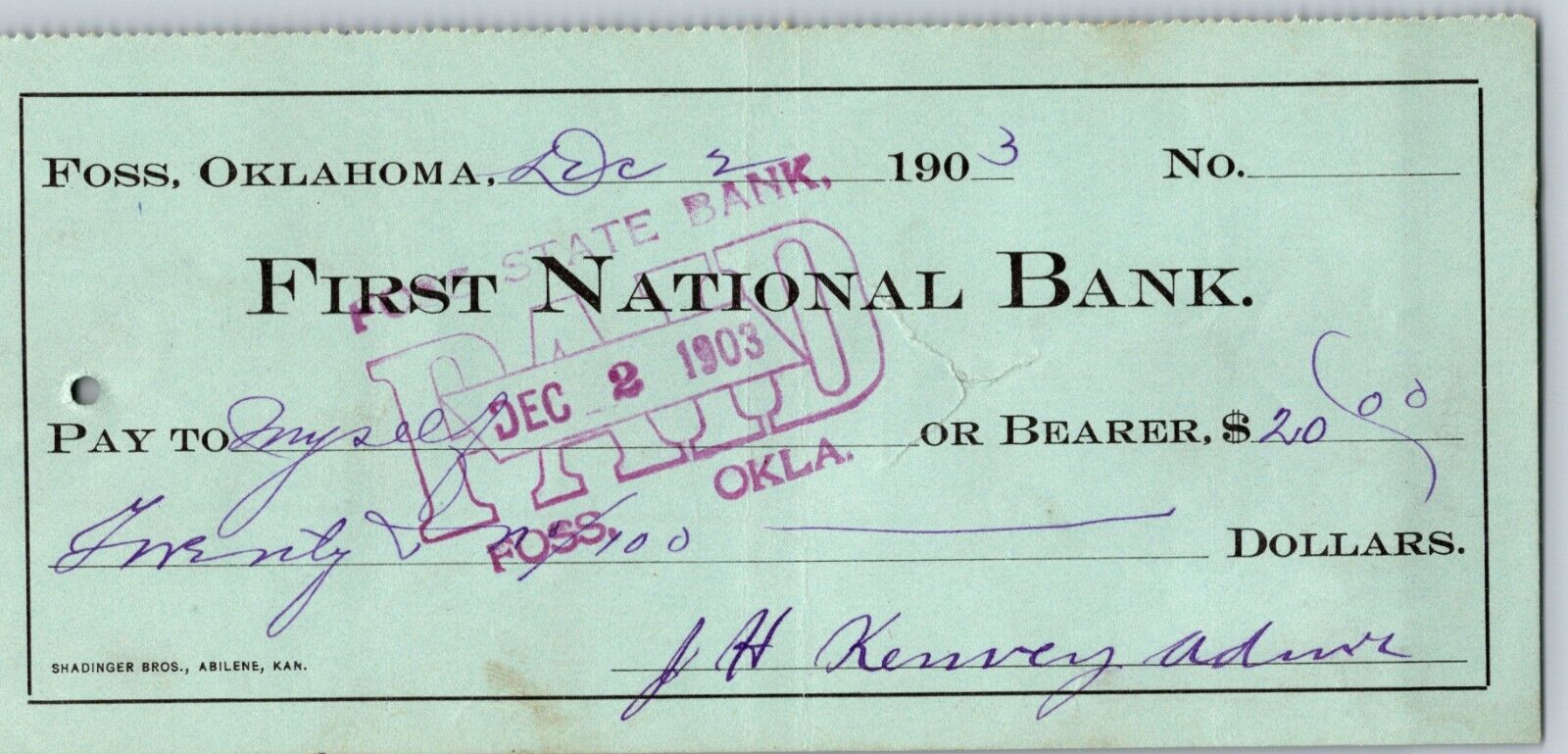 Foss Territorial Oklahoma 1903 First National Bank Check Very Scarce