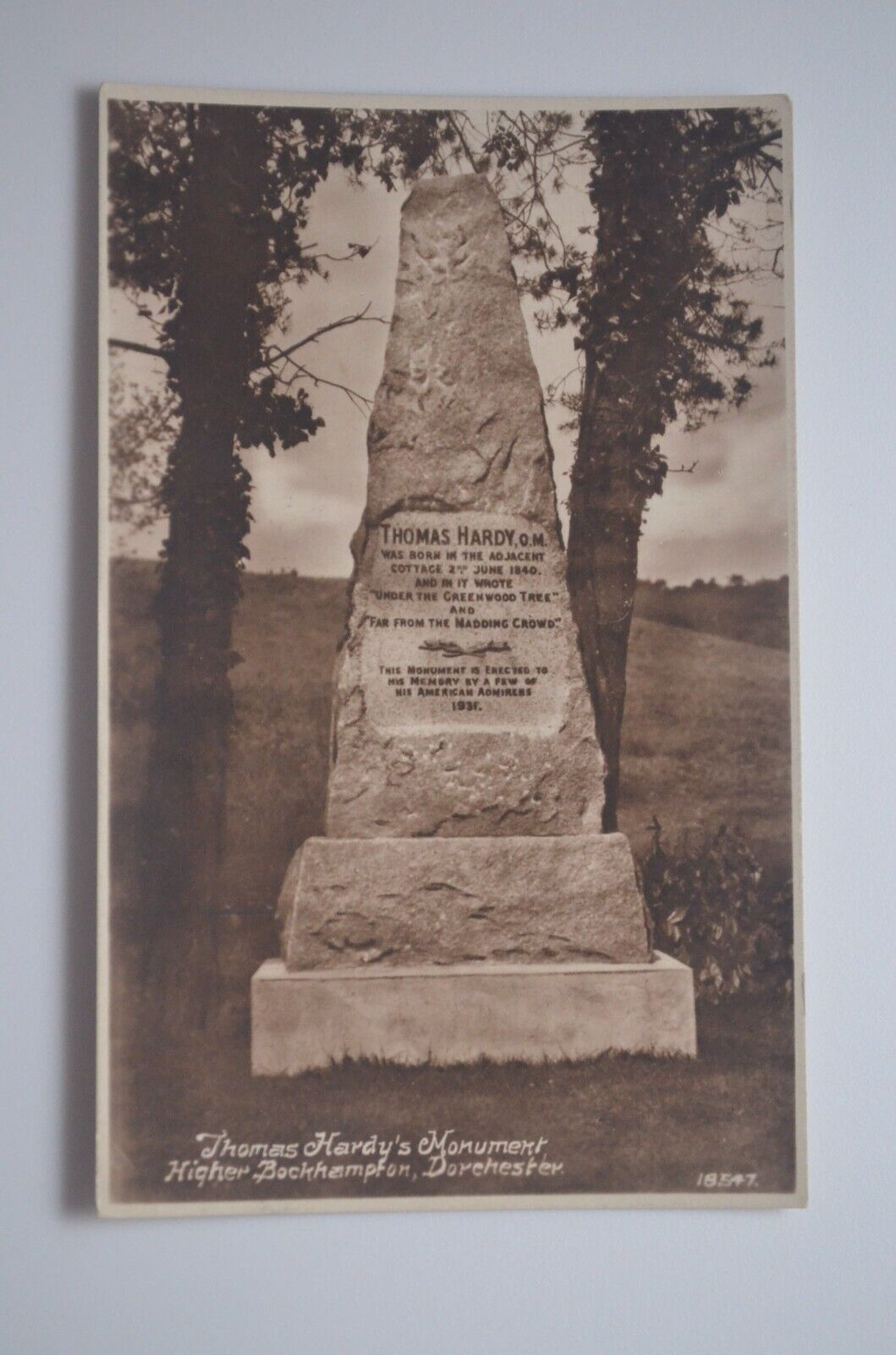 Thomas Hardy's Monument Higher Bockhampton (Dorchester) Postcard (POSTED 1932)