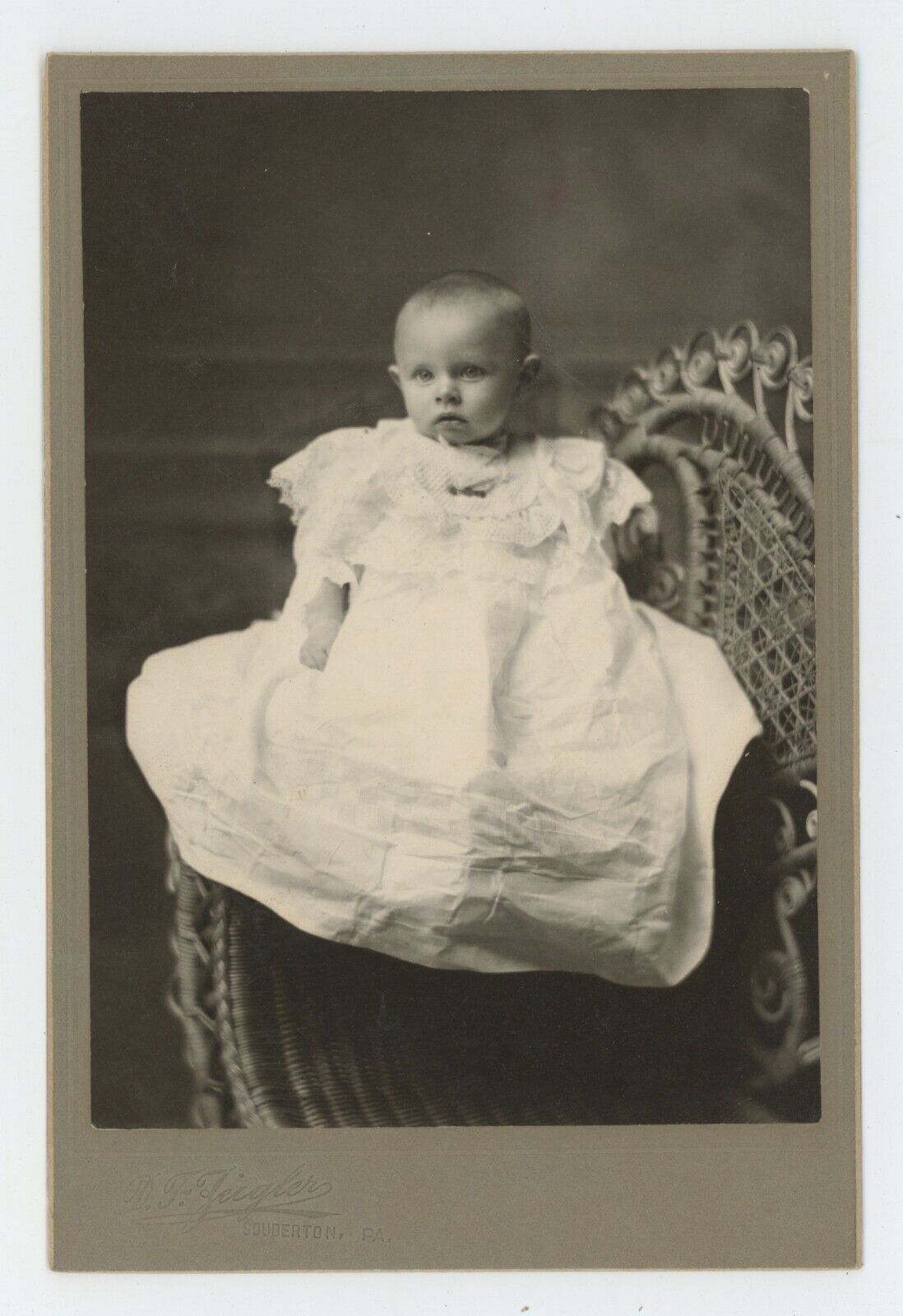 Antique Circa 1880s Cabinet Card Adorable Baby White Dress Feigler Souderton, PA
