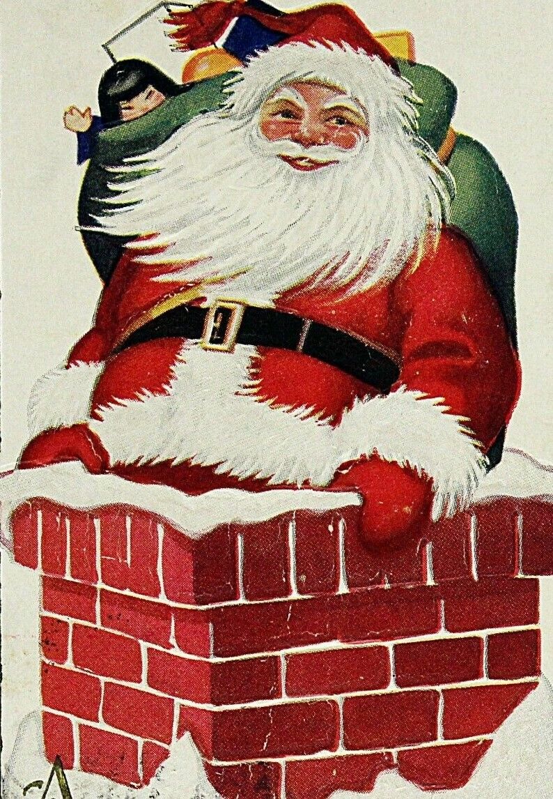 C. 1910 Santa Claus Bag Toys in Chimney Embossed Postcard Made in USA
